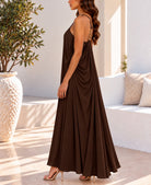 Chocolate brown strappy draped maxi dress side view