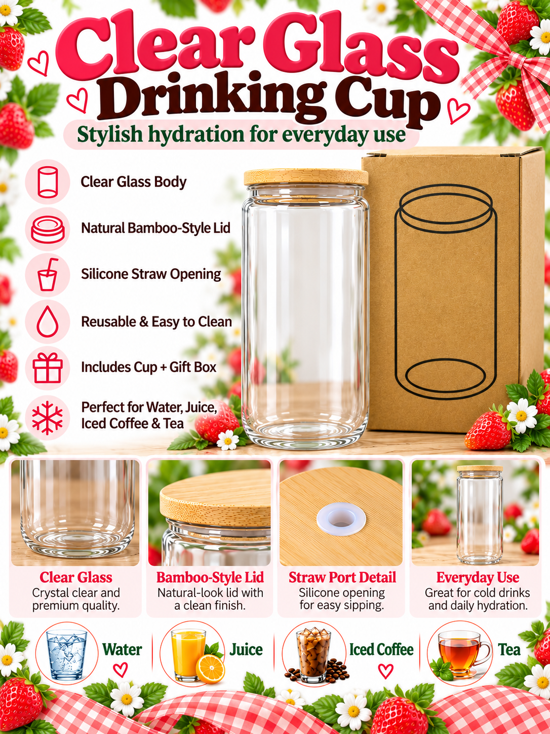 Clear glass cup with lid and gift box
