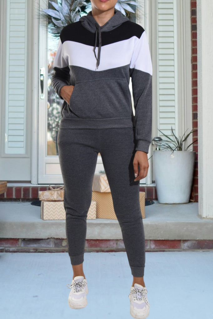 Color Block Grey Kangaroo Pocket Tracksuit - StylePhase SA