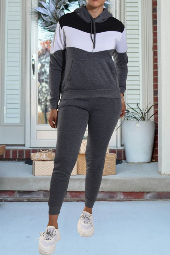 Color Block Grey Kangaroo Pocket Tracksuit - StylePhase SA