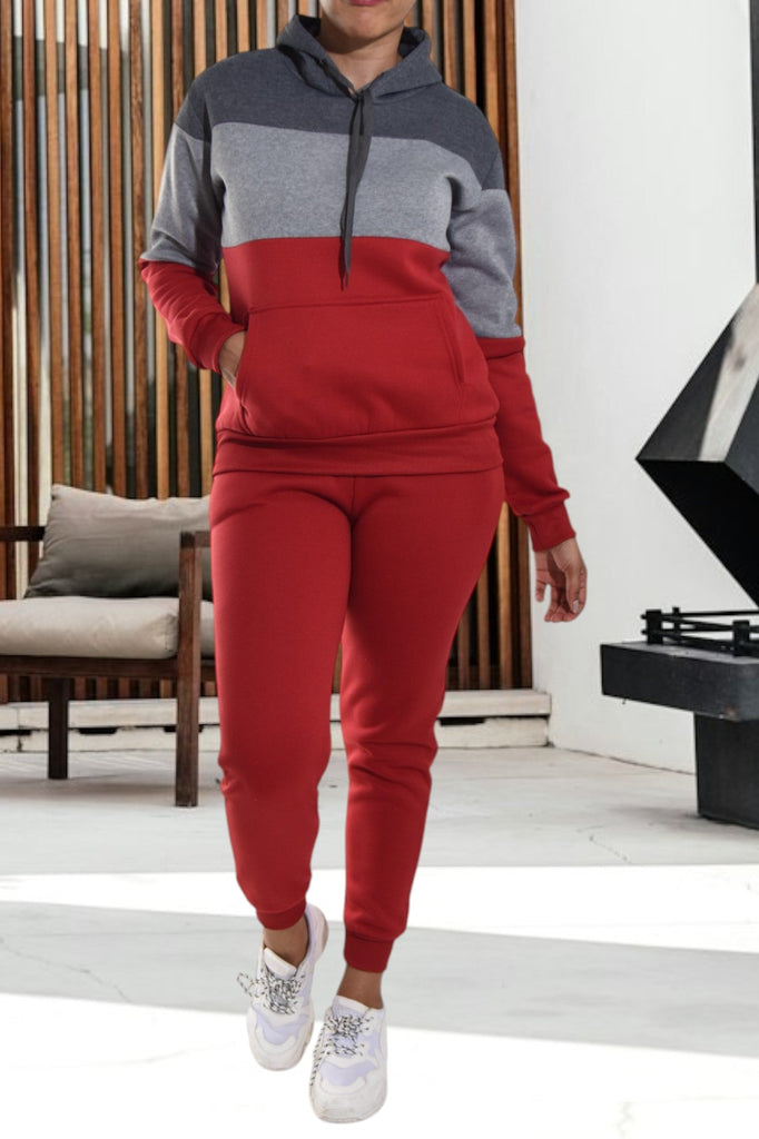 Color Block Red Kangaroo Pocket Tracksuit - StylePhase SA