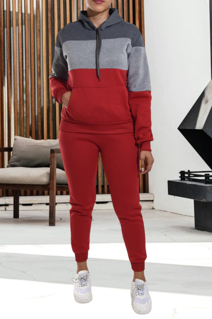 Color Block Red Kangaroo Pocket Tracksuit - StylePhase SA