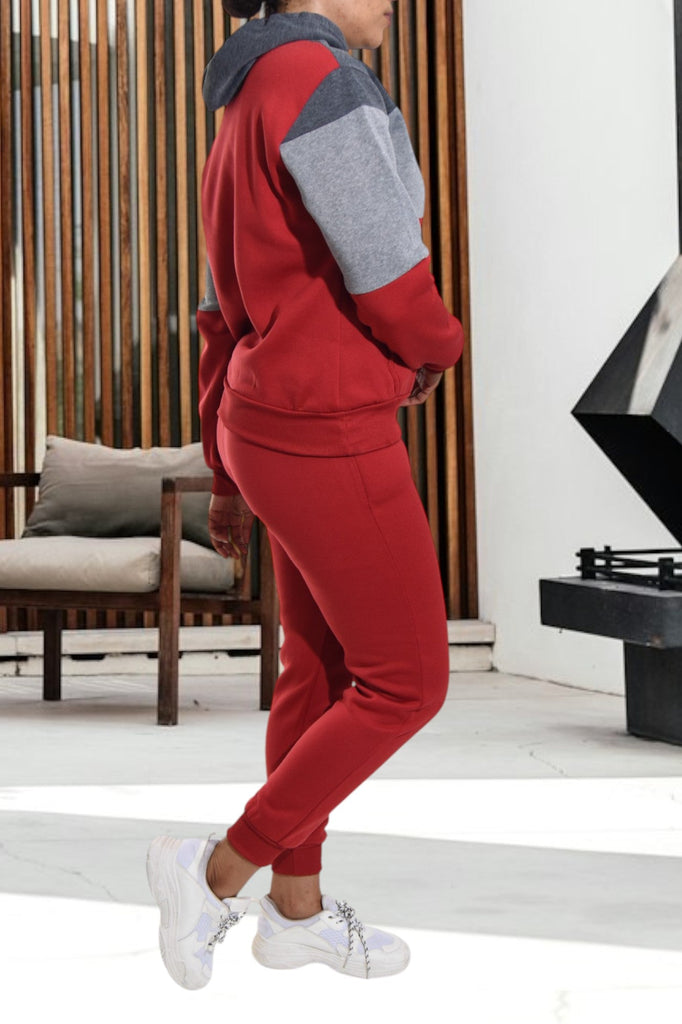 Color Block Red Kangaroo Pocket Tracksuit - StylePhase SA