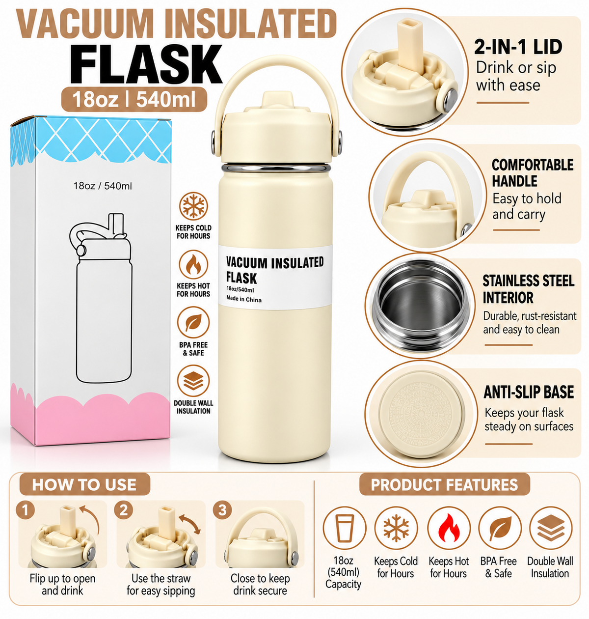 Cream 540ml flask features and instructions