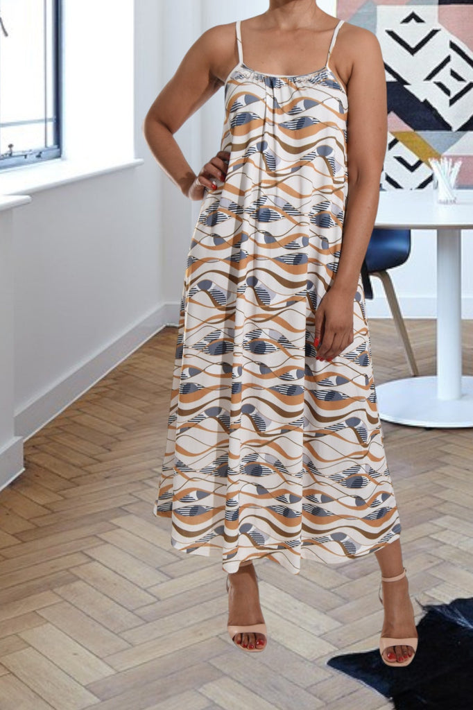 Cream And Brown Printed Strappy Maxi Dress - StylePhase SA