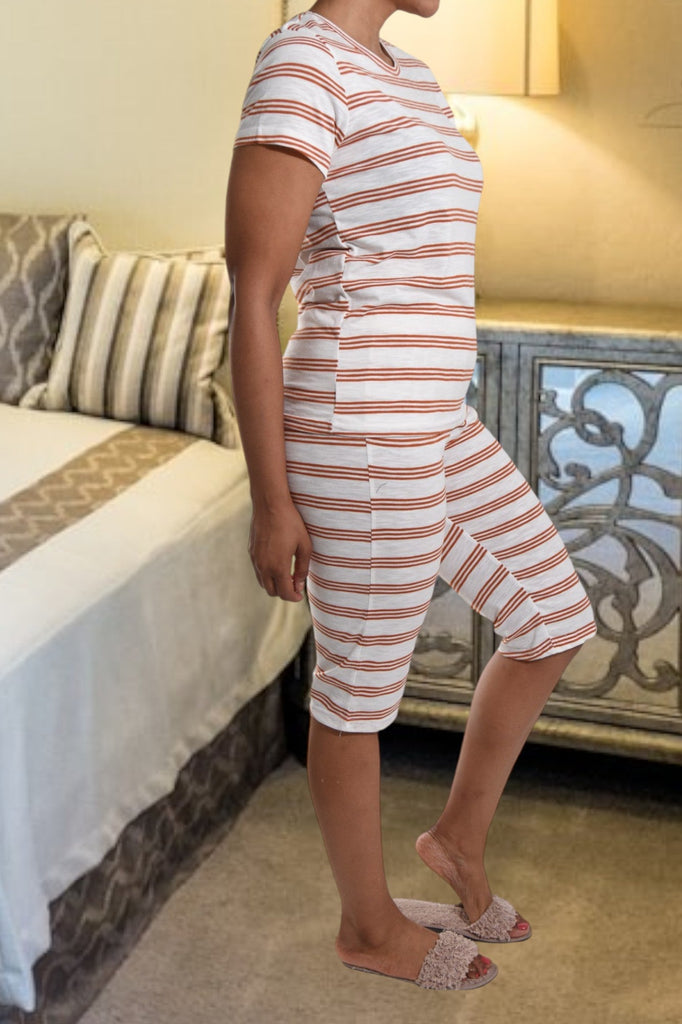 Cream And Brown Stripe 3/4 Pj Set - StylePhase SA