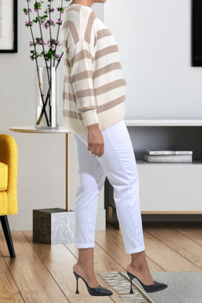 Cream And Brown Stripe Sweater - StylePhase SA