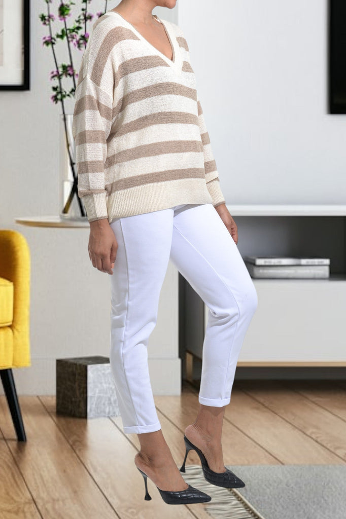 Cream And Brown Stripe Sweater - StylePhase SA