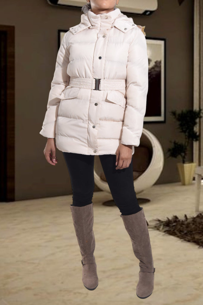 Cream Belted Puff Hoody Jacket - StylePhase SA