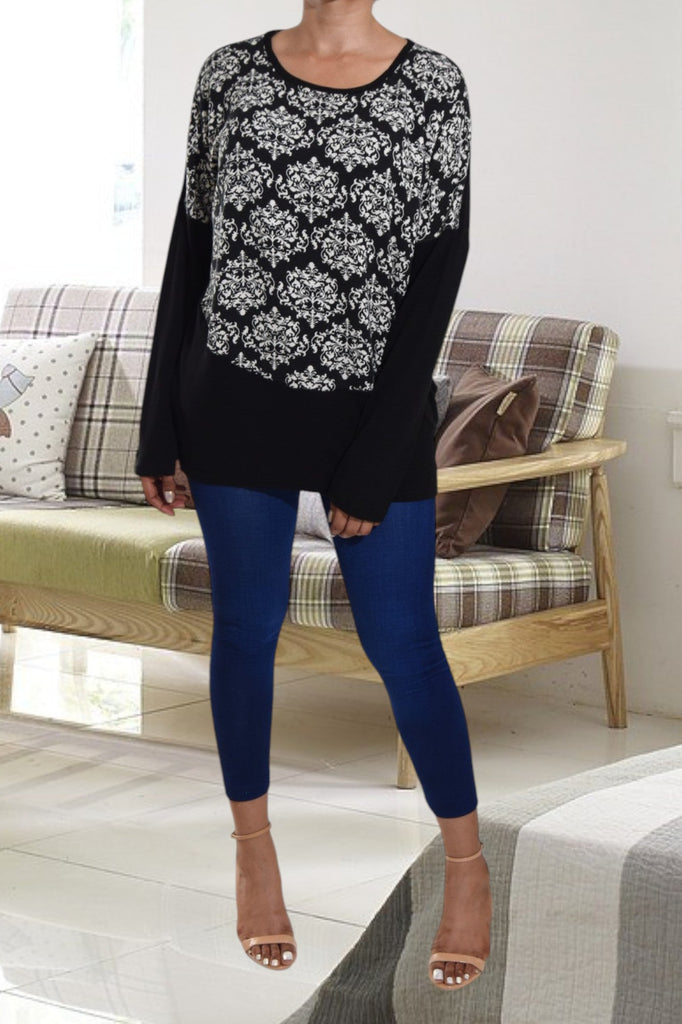 Cream Damask Print Crew Neck Sweater - StylePhase SA