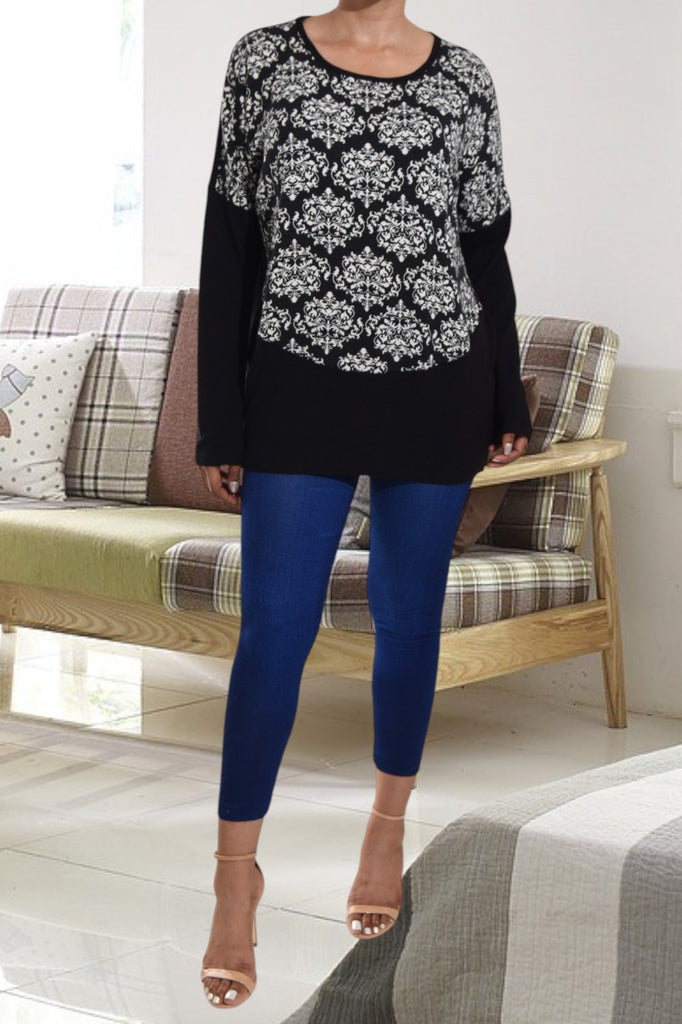 Cream Damask Print Crew Neck Sweater - StylePhase SA