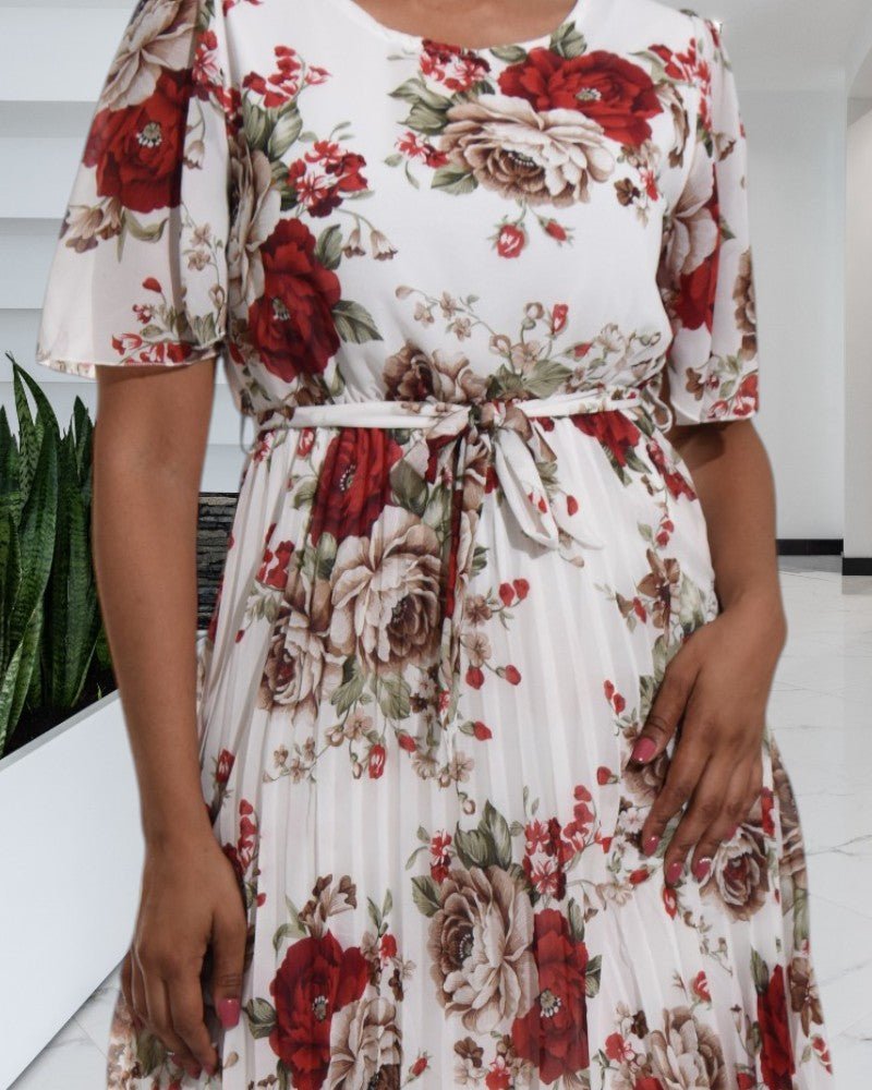 Cream Floral Flutter Sleeve Dress - StylePhase SA