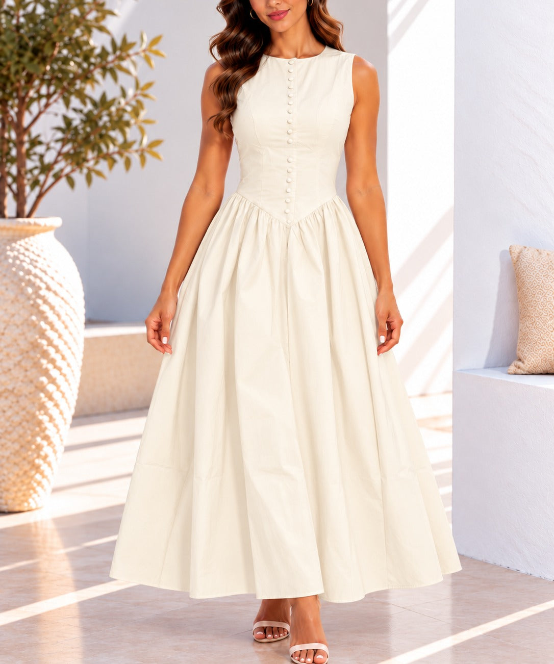 Cream sleeveless button detail maxi dress front view