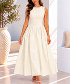 Cream sleeveless button detail maxi dress front view