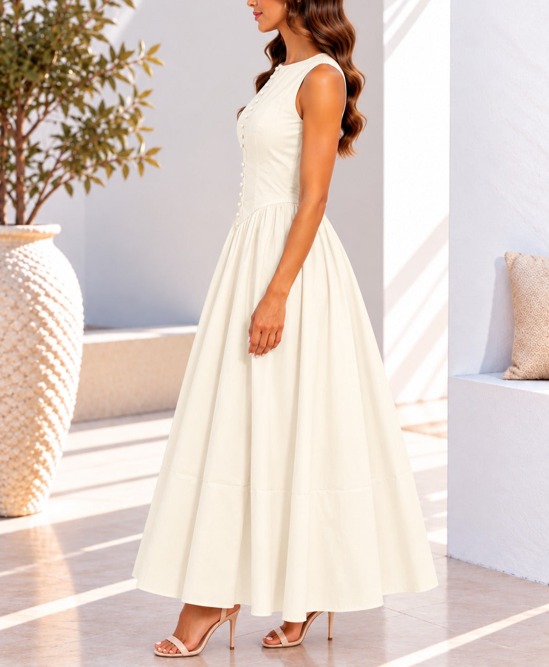 Cream sleeveless button detail maxi dress side view