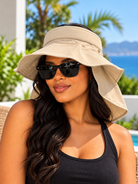 Cream wide brim sun visor front view on model