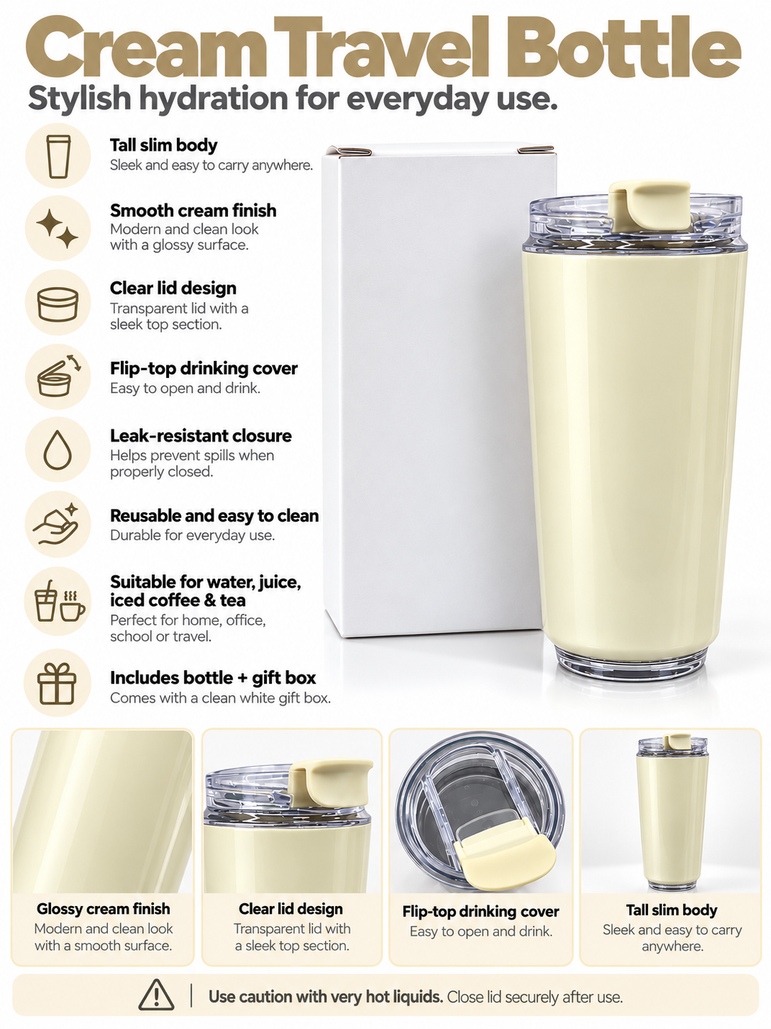 Cream travel bottle product features and details