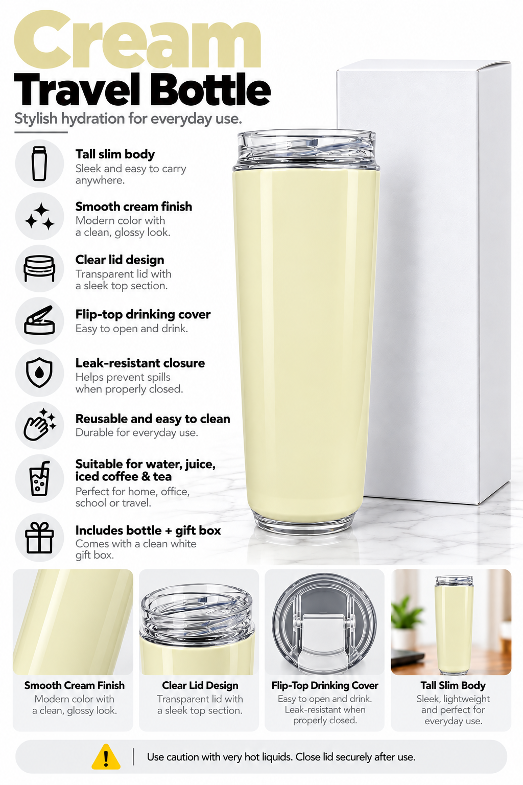 Cream travel bottle features and product details