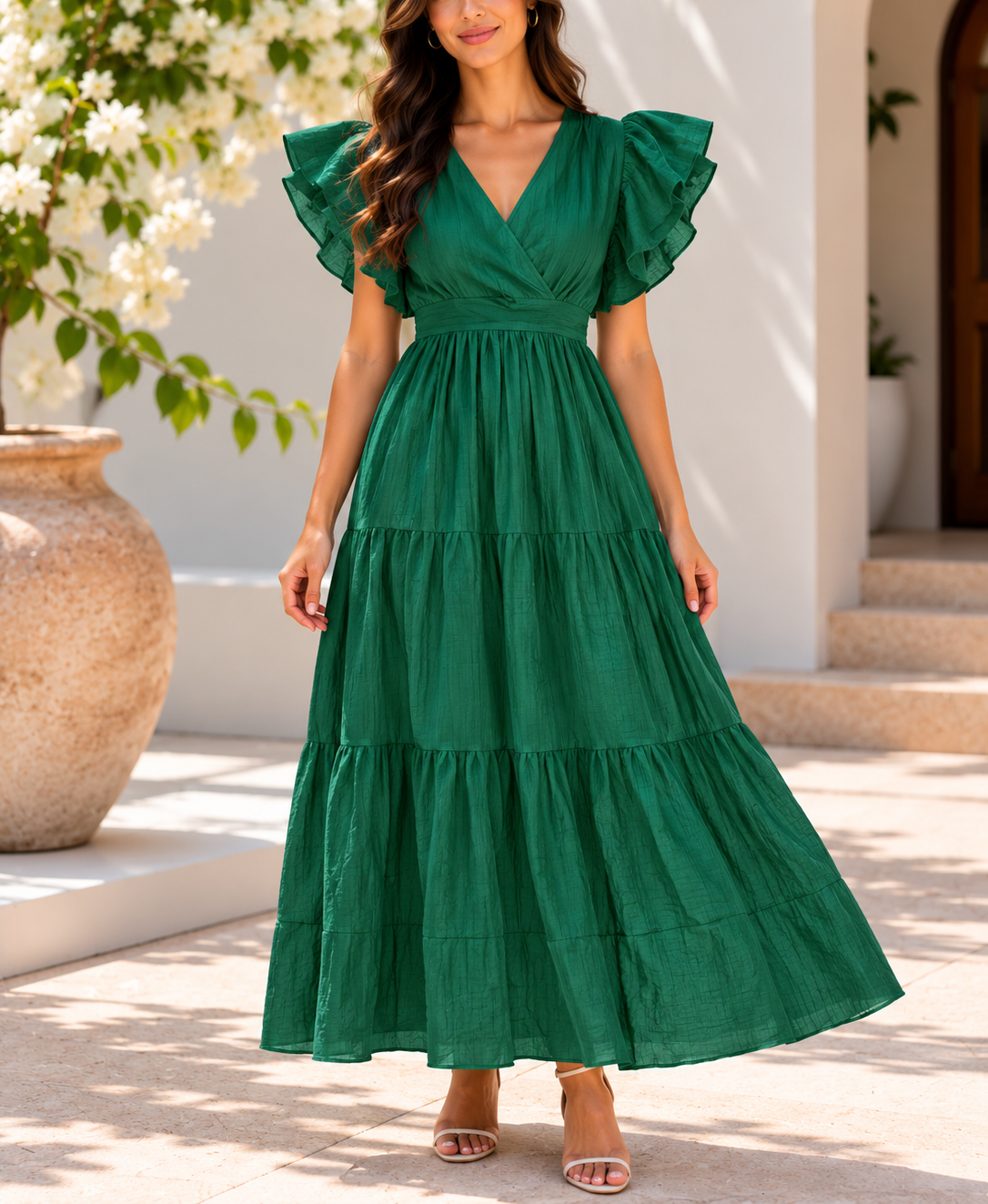 Back view emerald green ruffle tiered maxi dress