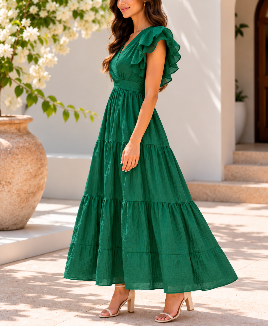 Front view emerald green ruffle tiered maxi dress