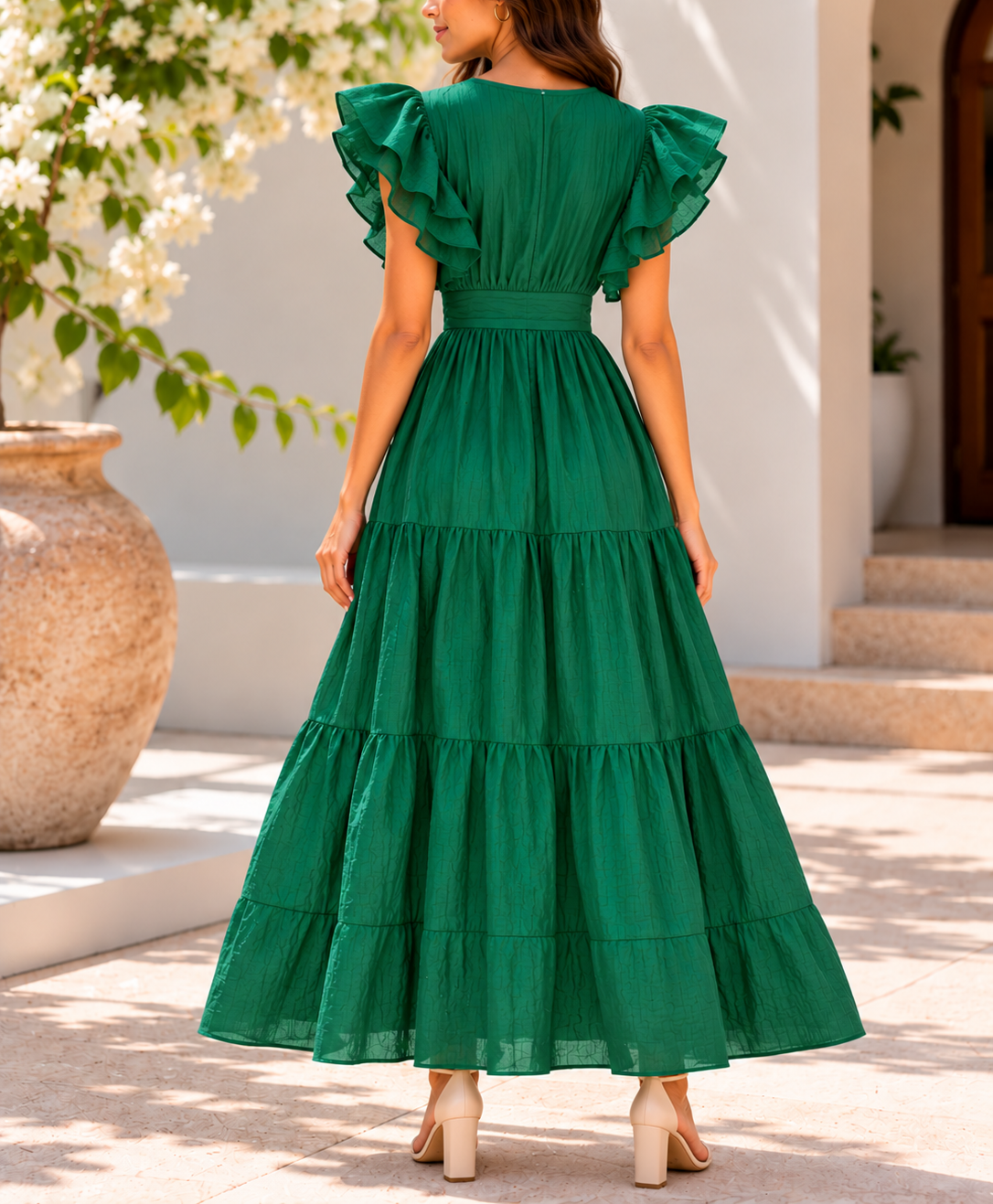 Side view emerald green ruffle tiered maxi dress