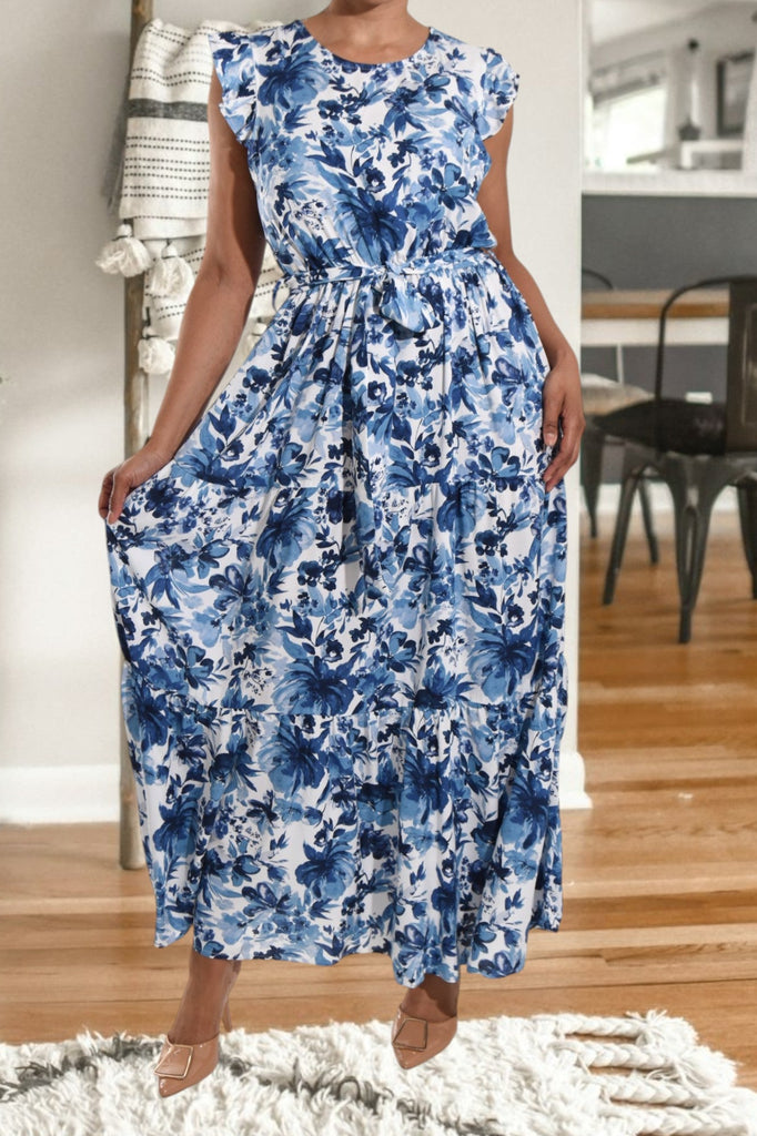 Floral Blue Ruffle Tie Dress - StylePhase SA