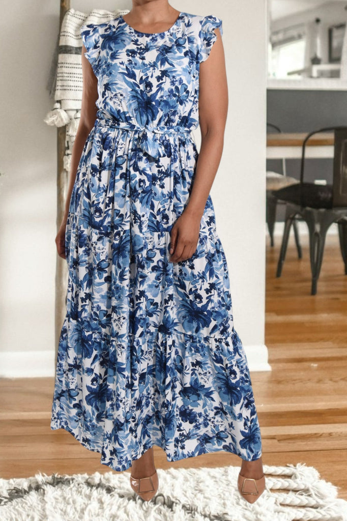 Floral Blue Ruffle Tie Dress - StylePhase SA