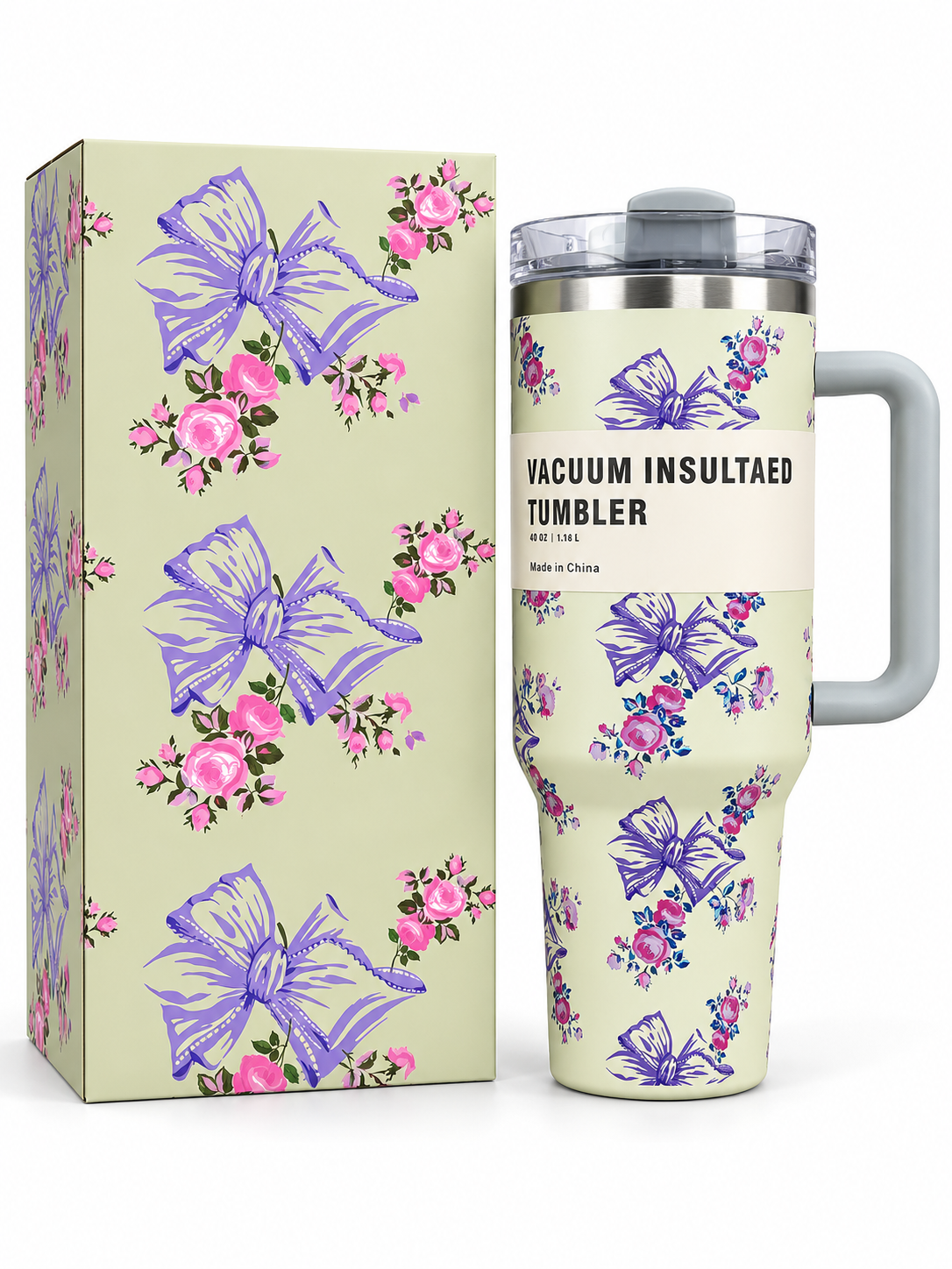 Floral butterfly 40 oz vacuum insulated tumbler with handle and matching gift box