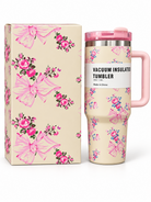 Cream floral butterfly 40 oz vacuum insulated tumbler with pink handle and matching gift box
