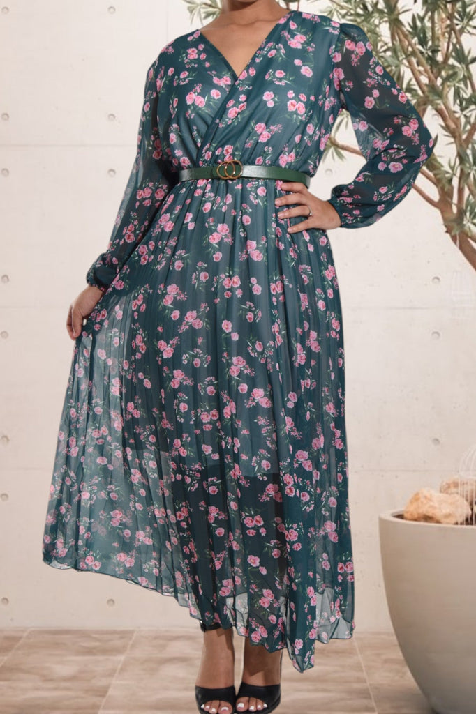 Floral Chiffon Green Dress with Belt - StylePhase SA