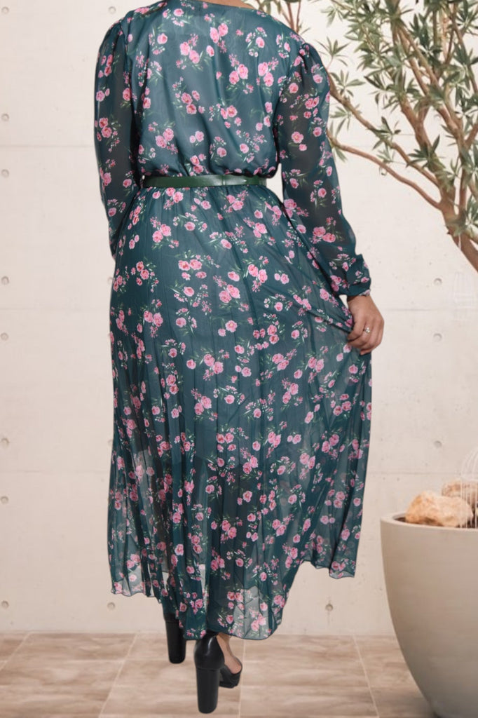 Floral Chiffon Green Dress with Belt - StylePhase SA