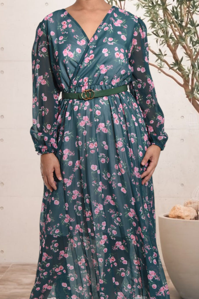 Floral Chiffon Green Dress with Belt - StylePhase SA