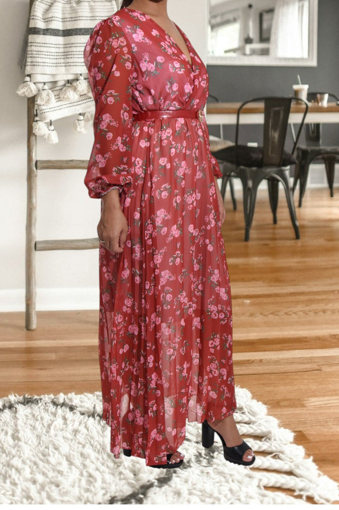 Floral Chiffon Maroon Dress with Belt - StylePhase SA