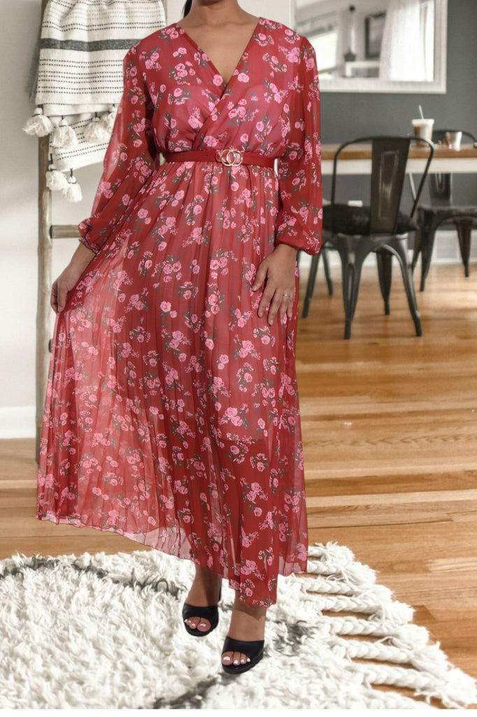 Floral Chiffon Maroon Dress with Belt - StylePhase SA