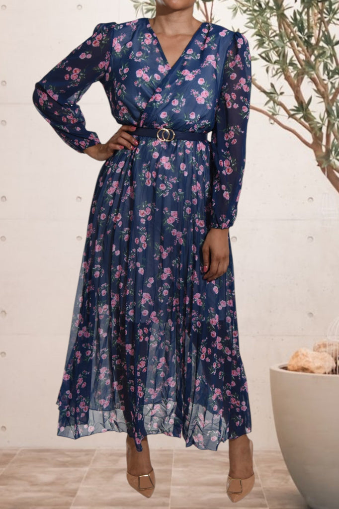 Floral Chiffon Navy Dress with Belt - StylePhase SA