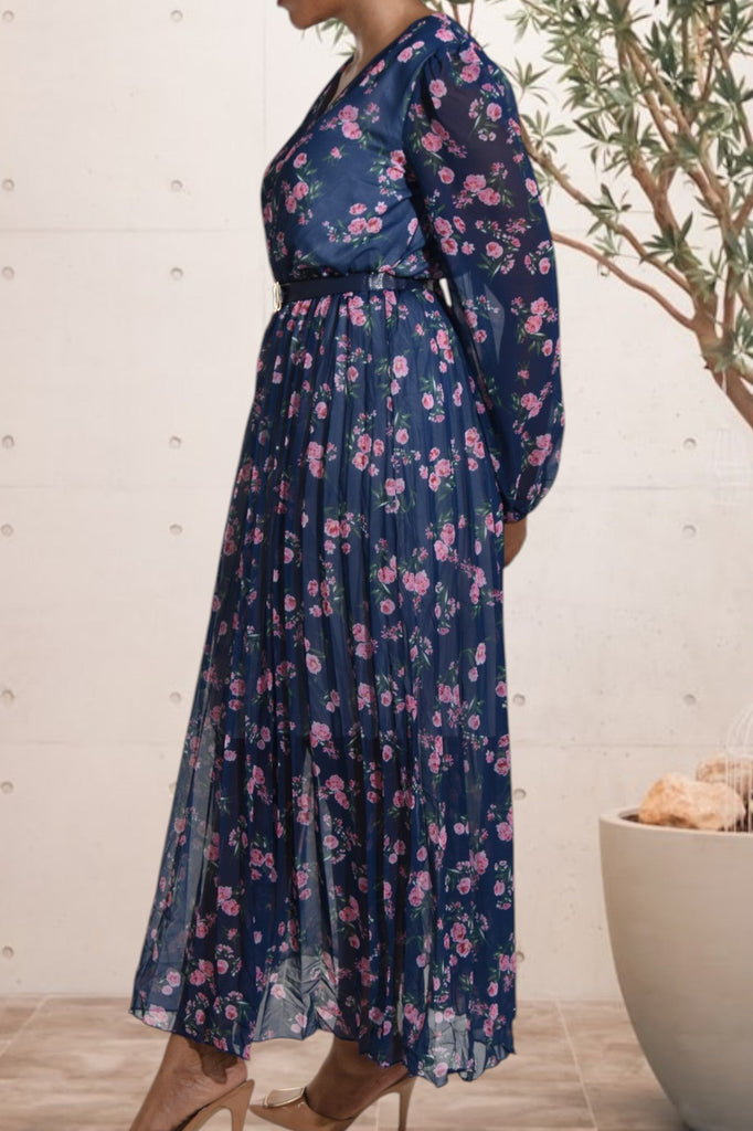 Floral Chiffon Navy Dress with Belt - StylePhase SA