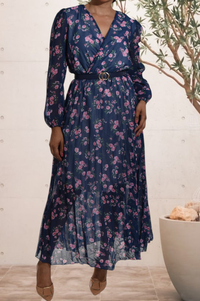 Floral Chiffon Navy Dress with Belt - StylePhase SA