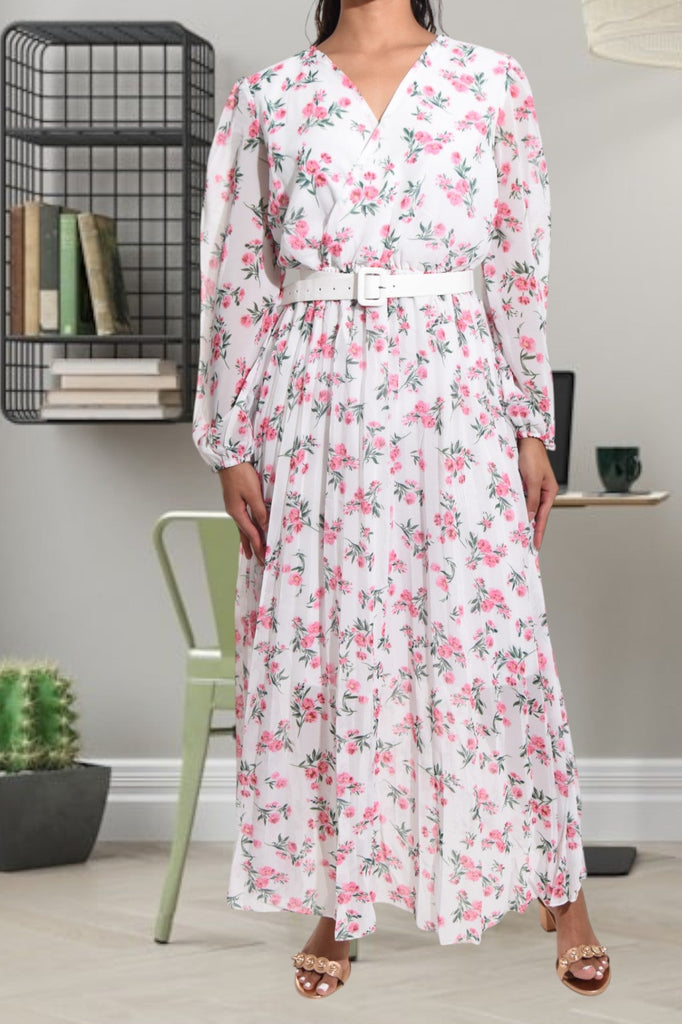 Floral Chiffon White Dress with Belt - StylePhase SA