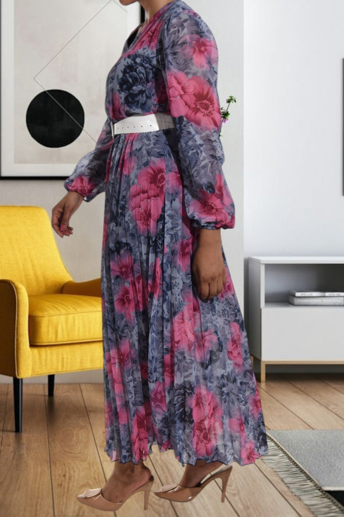 Floral Grey Chiffon Dress with Belt - StylePhase SA