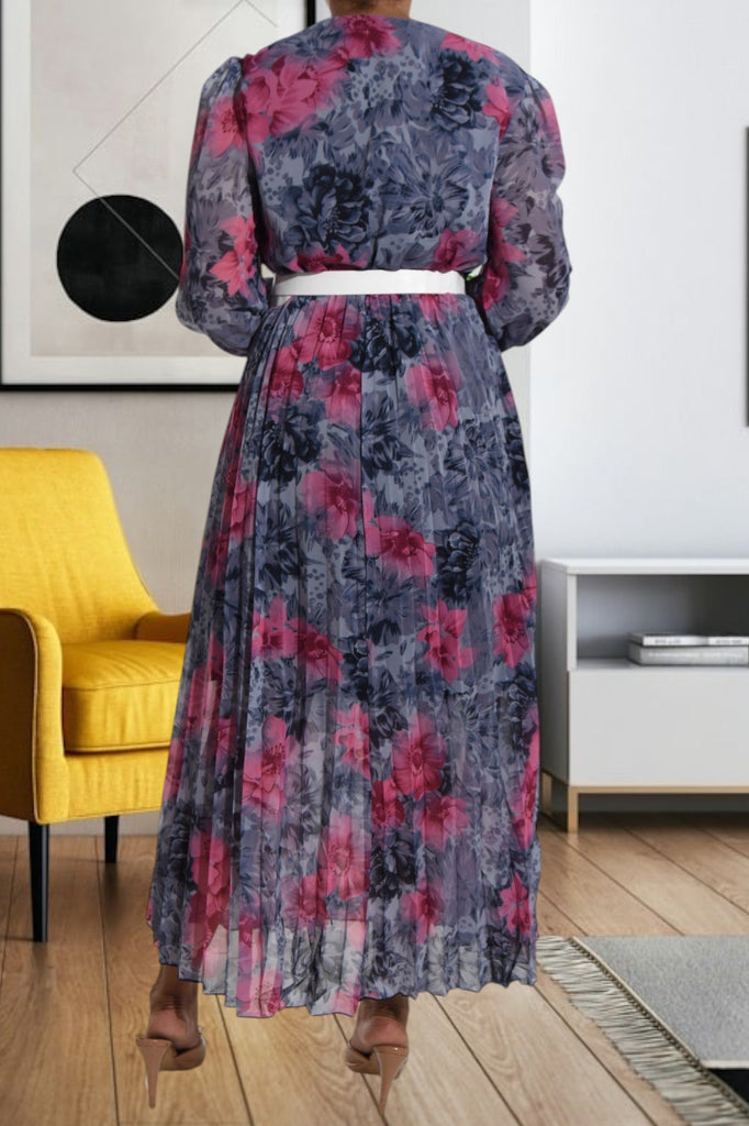 Floral Grey Chiffon Dress with Belt - StylePhase SA