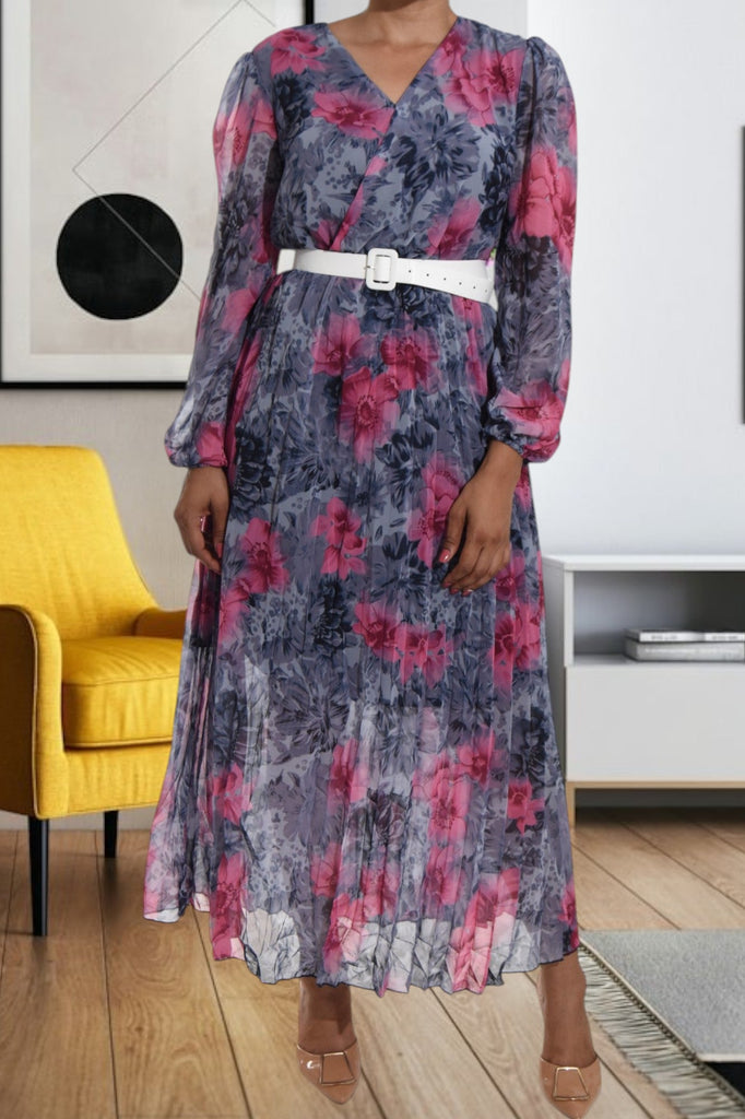 Floral Grey Chiffon Dress with Belt - StylePhase SA