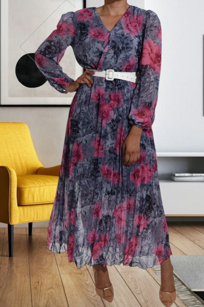 Floral Grey Chiffon Dress with Belt - StylePhase SA