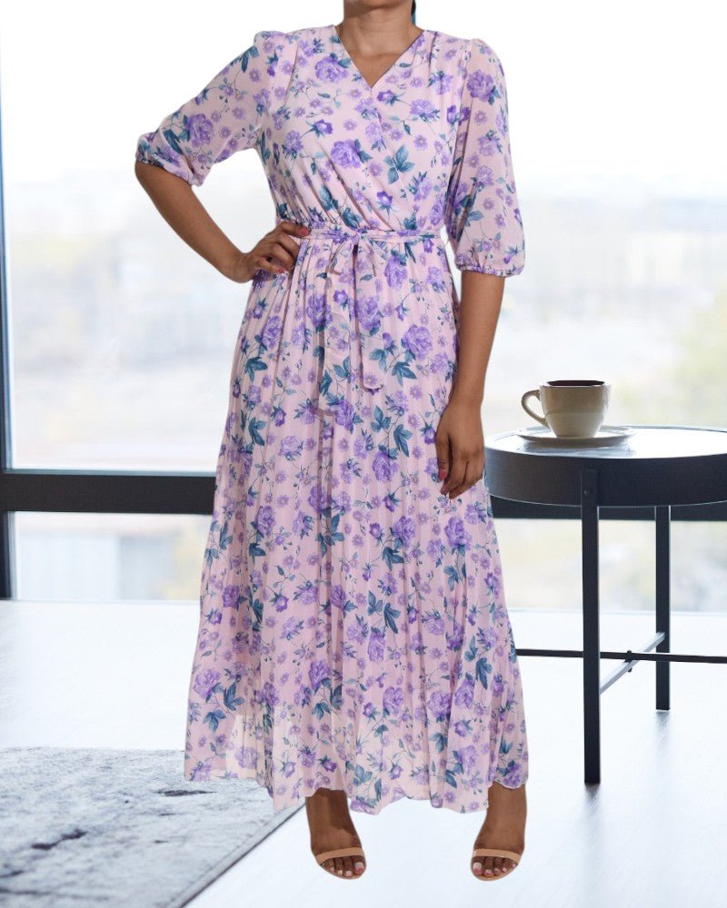 Floral Pink Chiffon Dress with Chiffon Belt - StylePhase SA