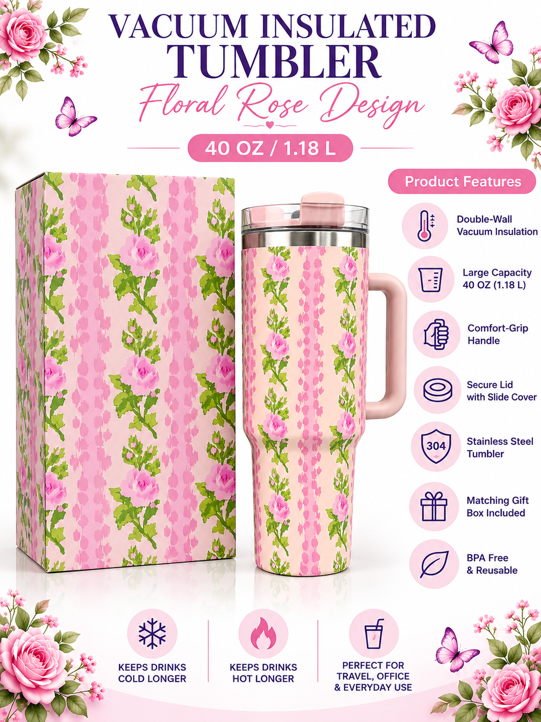 Floral rose vacuum insulated tumbler product features