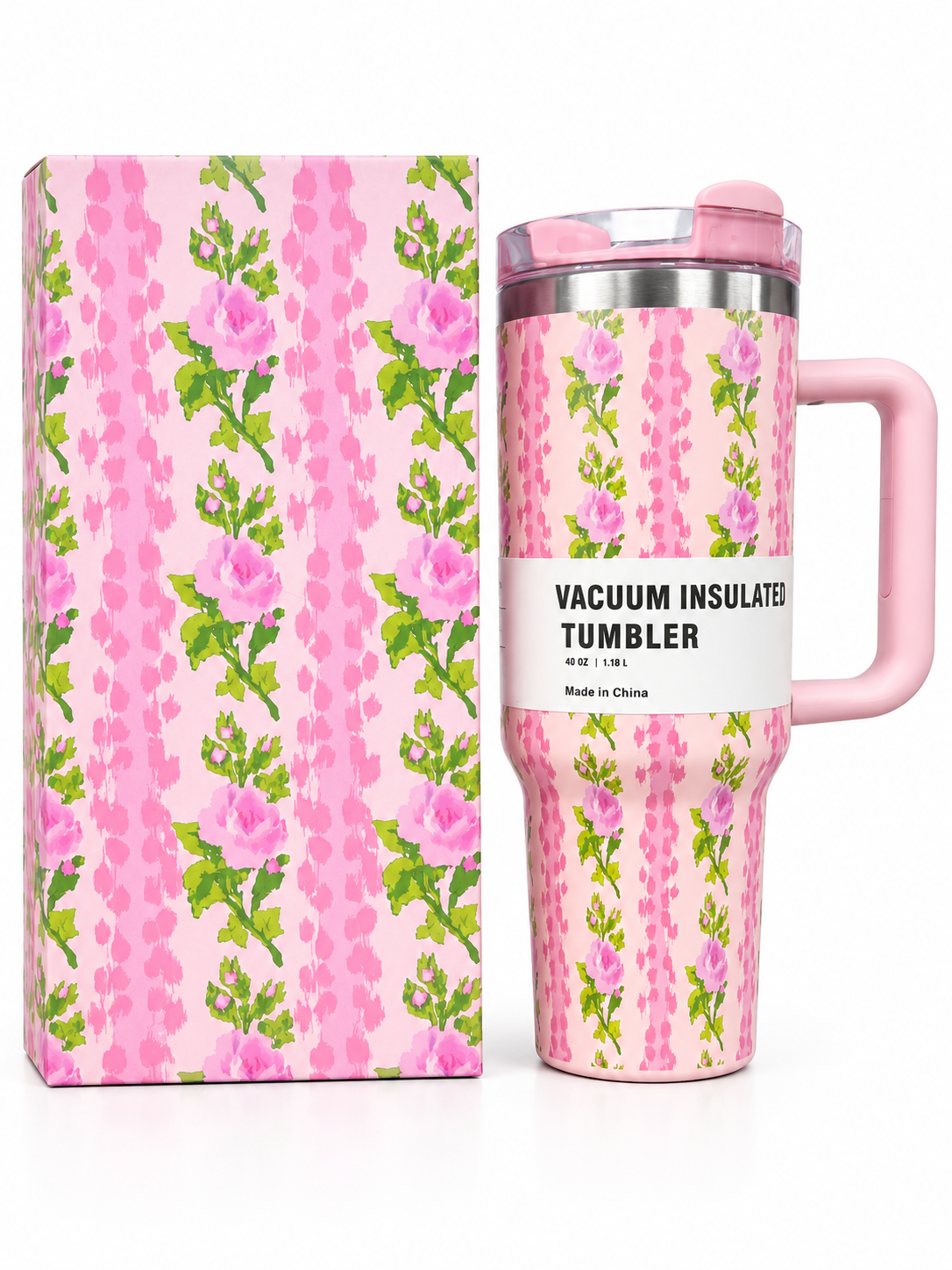 Pink floral rose 40 oz vacuum insulated tumbler with handle and matching gift box