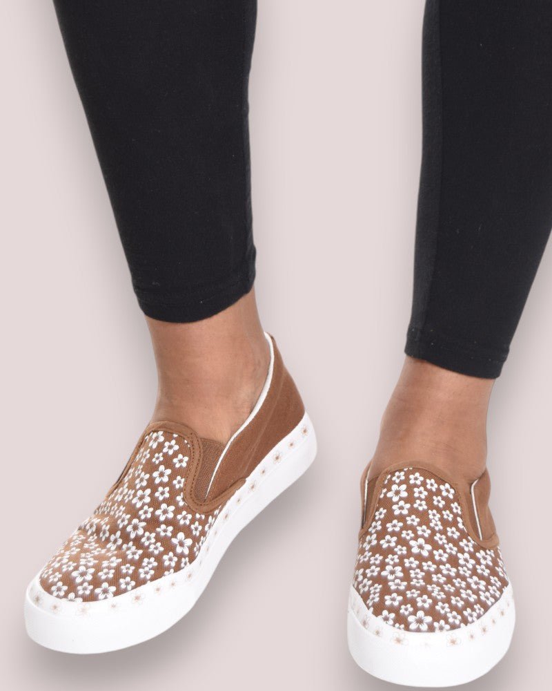 Flower Decor Slip on Tan Sneakers - StylePhase SA