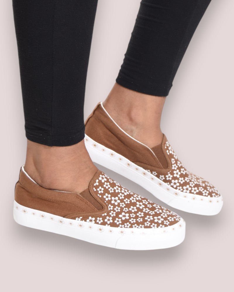 Flower Decor Slip on Tan Sneakers - StylePhase SA