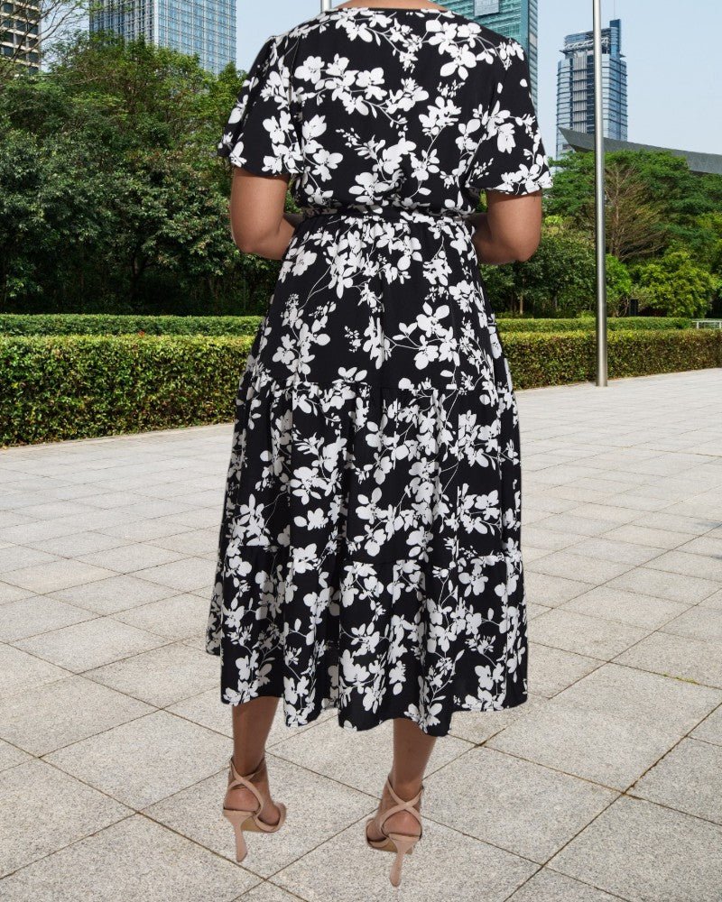 Flutter Sleeve V Neck Black Floral Dress - StylePhase SA