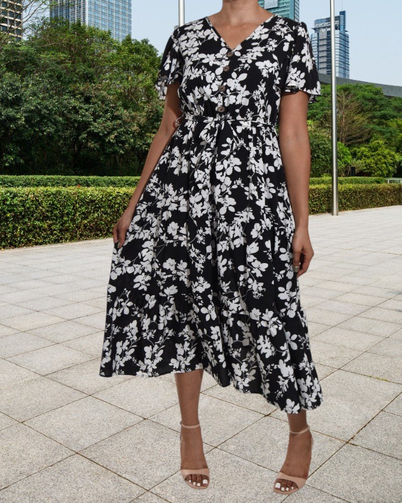 Flutter Sleeve V Neck Black Floral Dress - StylePhase SA