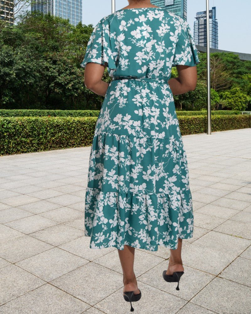 Flutter Sleeve V Neck Green Floral Dress - StylePhase SA